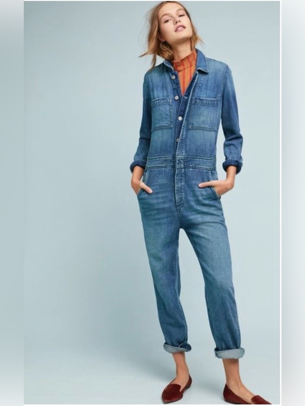 NWT AMO Anthropologie Skip Denim long sleeve mechanic Jumpsuit in indigo blue XS